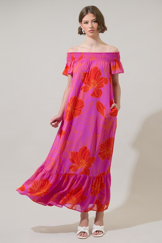 Luxe Getaway Floral Smocked Shoulder Dress