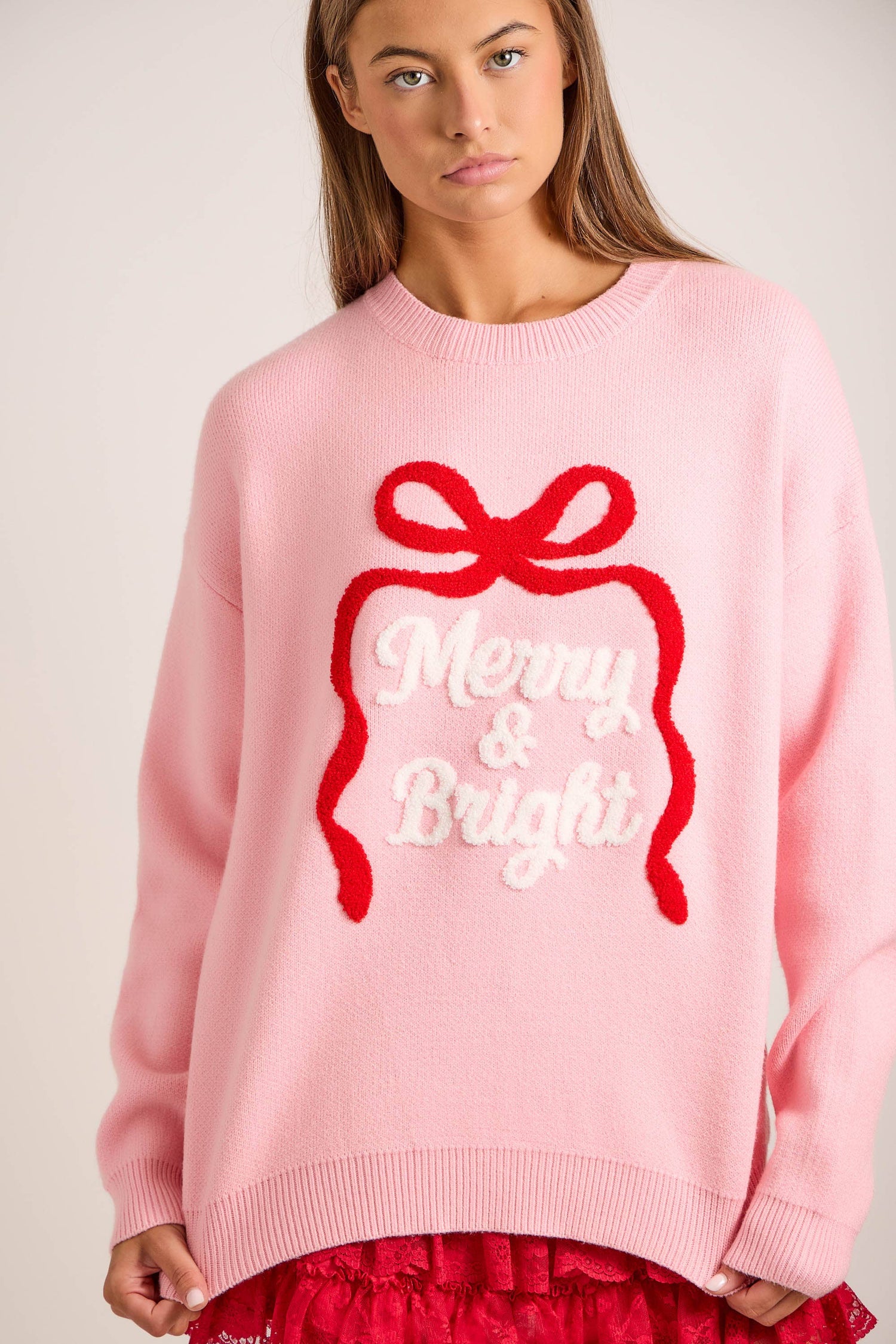 Merry & Bright Embroidered Christmas Knit Sweater – Holiday