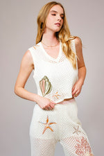 Open Knit Seashell Embroidered Top