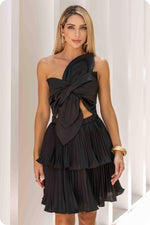 Knotted Flower Satin Pleated Mini Dress