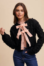 Pom Cable Knit Tie Cardigan