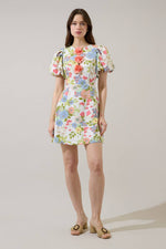 Esther Floral Rosette Bubble Sleeve Mini Dress