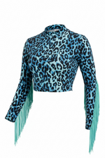 Turquoise Leopard Long Sleeve Fringe Crop Top