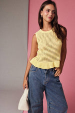 Butter Yellow Open Knit Peplum Top