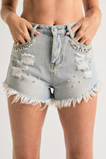 Beaded distressed shorts