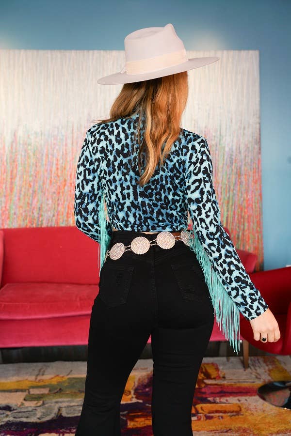 Turquoise Leopard Long Sleeve Fringe Crop Top