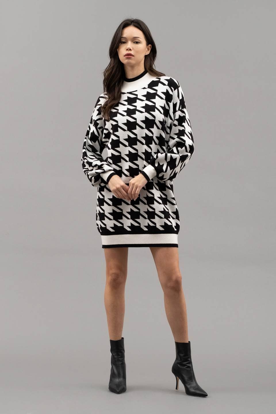 Mockneck Houndstooth Sweater Dress