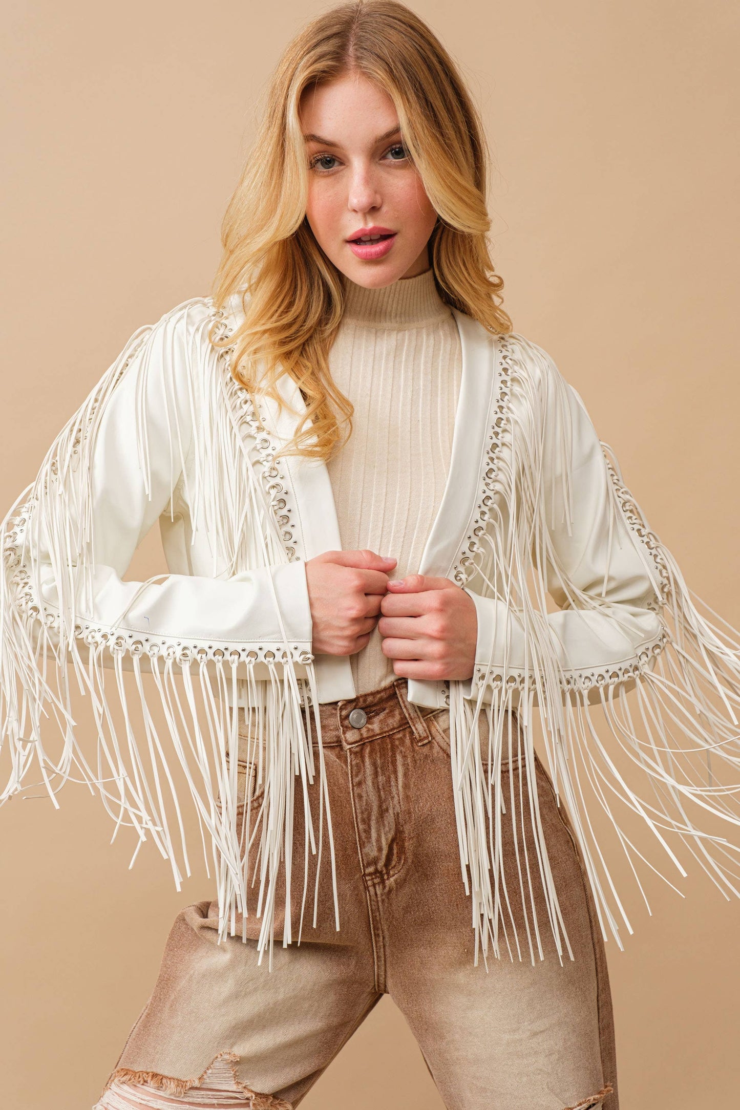 Faux Leather Braided Fringe Jacket