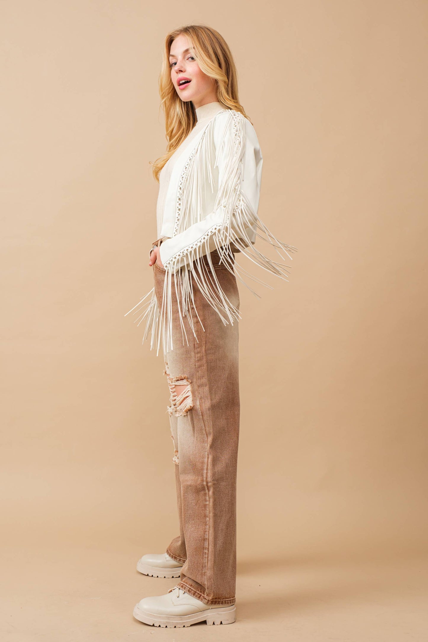 Faux Leather Braided Fringe Jacket