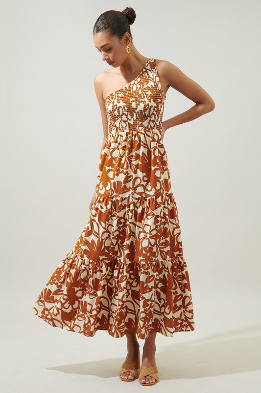 Caramel Floral One Shoulder Maxi Dress