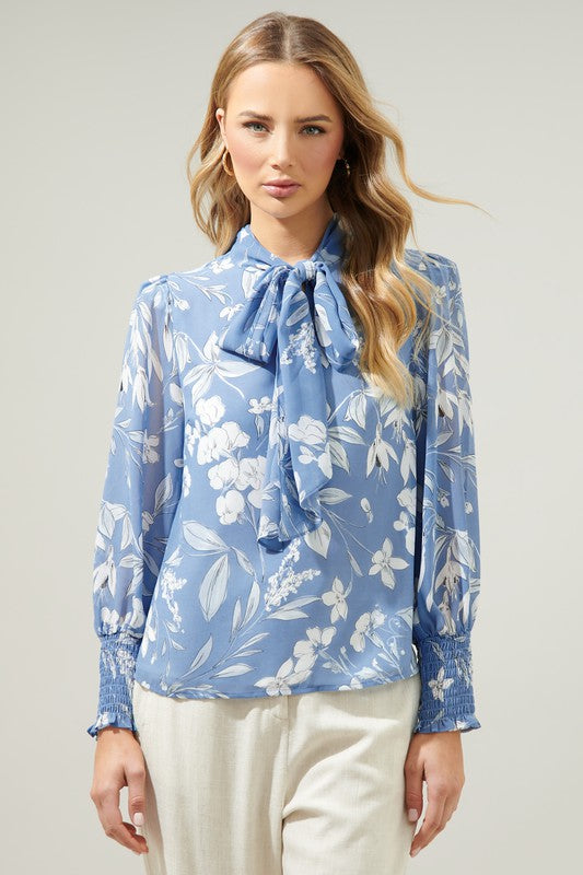 Belle in Blue Tie Neck Long Sleeve Blouse