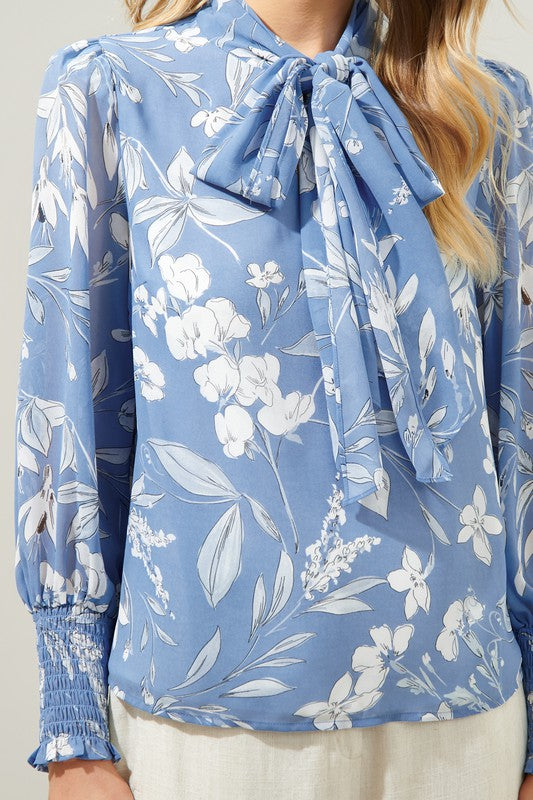 Belle in Blue Tie Neck Long Sleeve Blouse