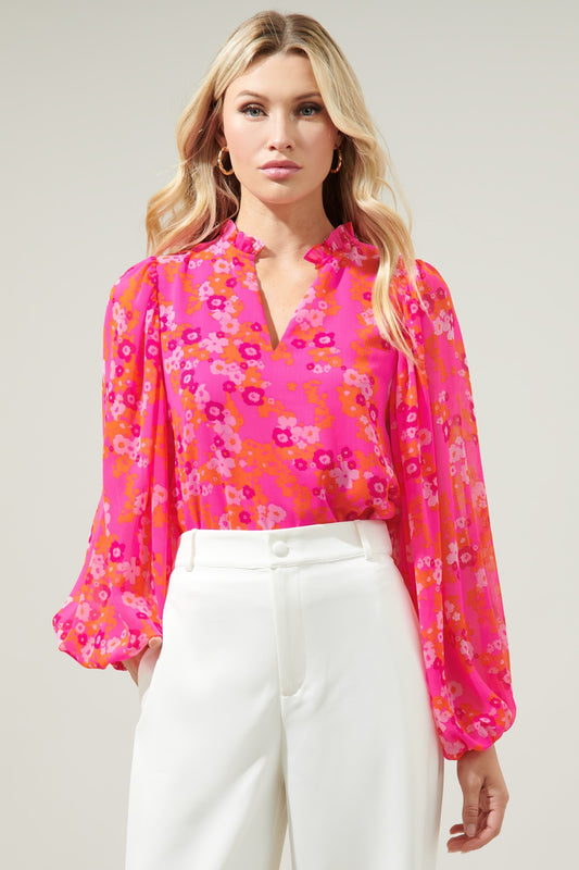 Punch of Poppy Split Neck Blouse