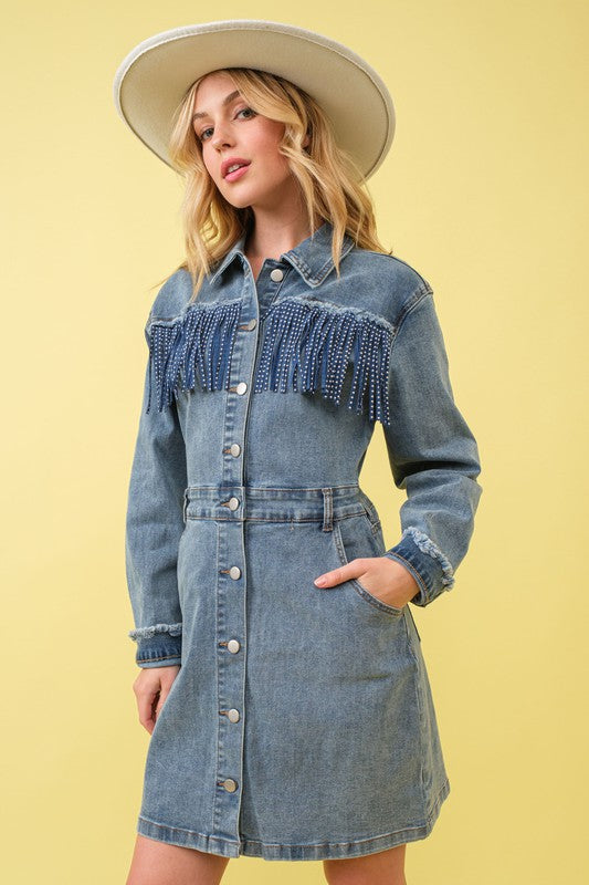 Studded Fringe Western Denim Dress