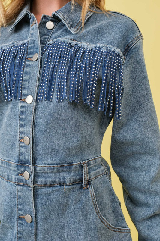 Studded Fringe Western Denim Dress