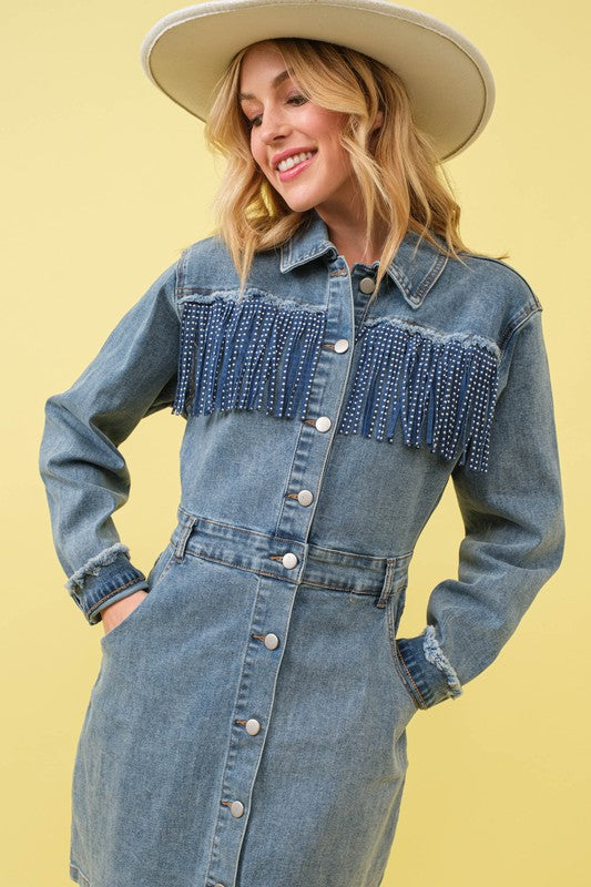 Studded Fringe Western Denim Dress