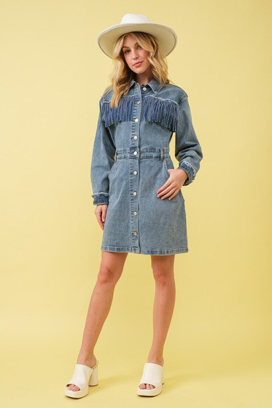 Studded Fringe Western Denim Dress