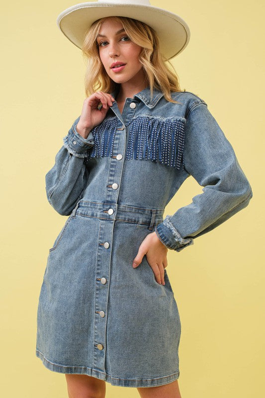 Studded Fringe Western Denim Dress