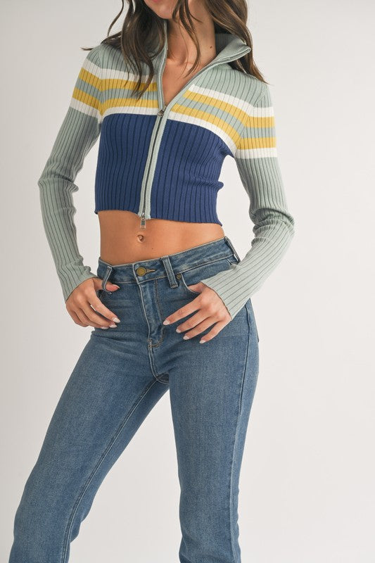 Crop Stripe Zip Pullover