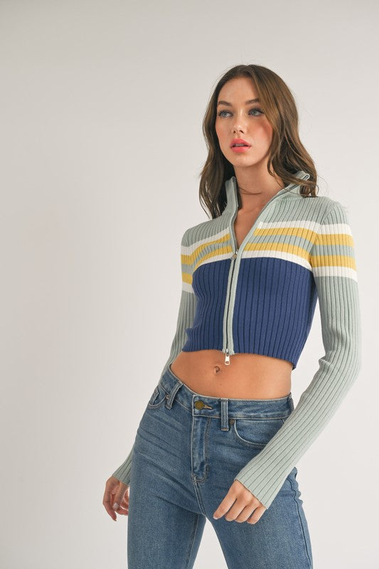 Crop Stripe Zip Pullover