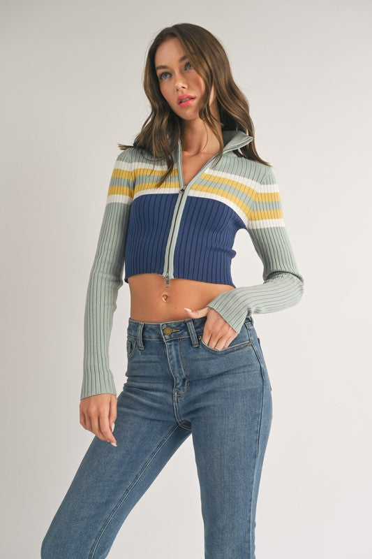 Crop Stripe Zip Pullover