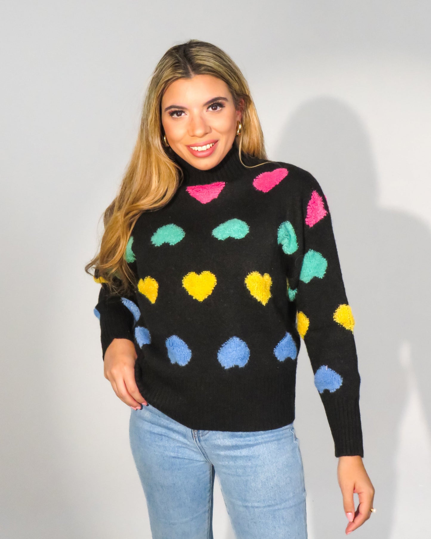 Multi Color Heart Mock Neck Sweater