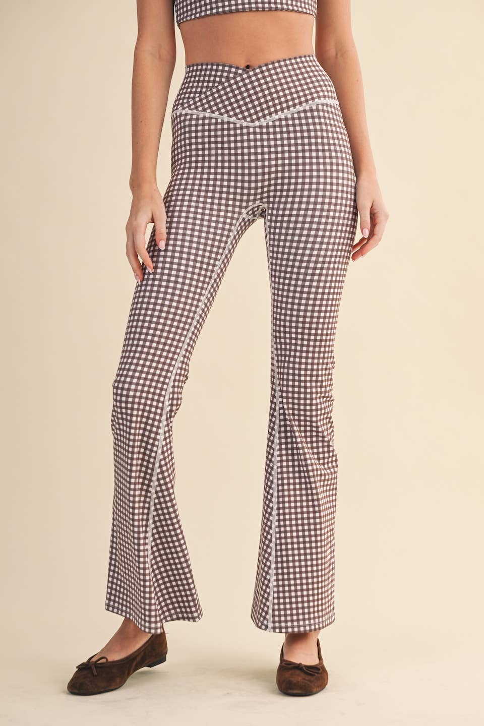Gingham Print High Waist Crossover Flare Legging