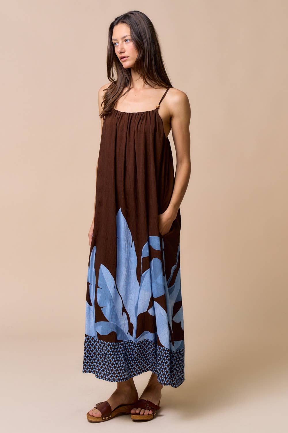Strappy Leaf Print Maxi Dress