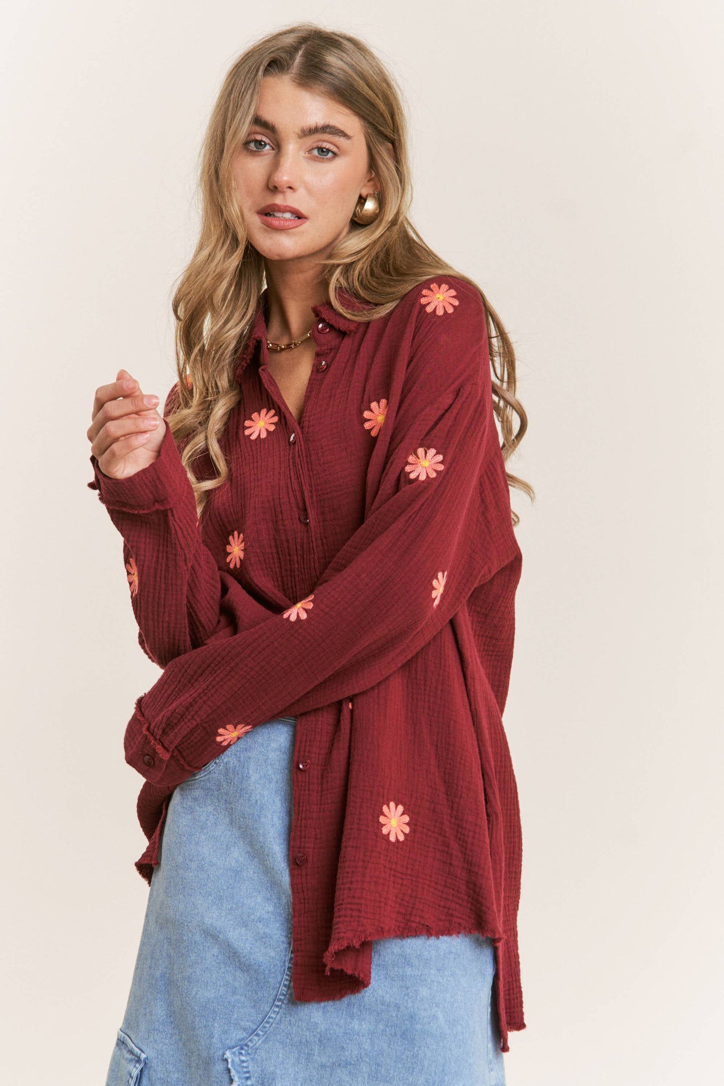 Autumn Daisy Gauze Embroidered Top