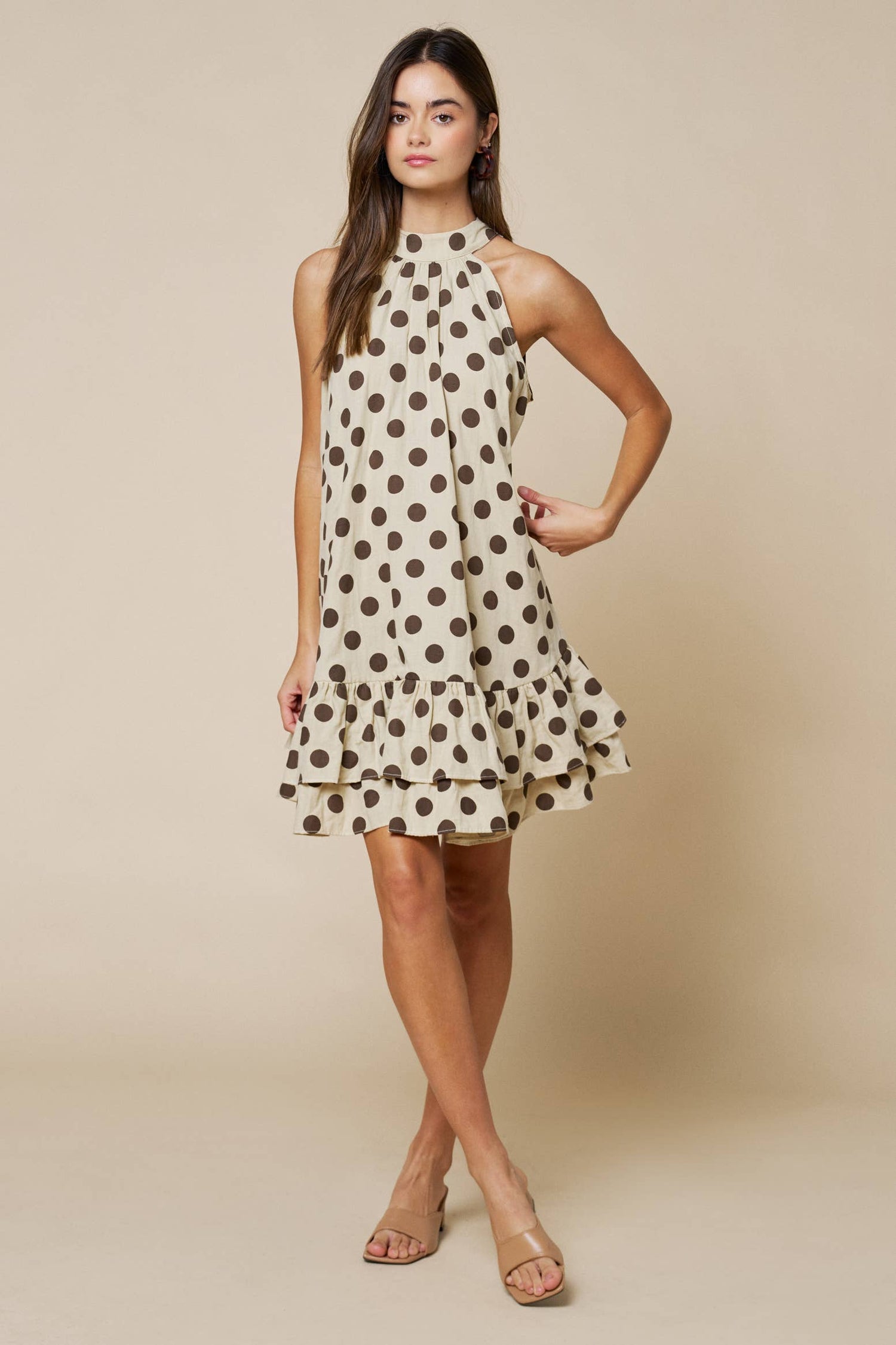 Polka Dot Mock Neck Ruffled Layered Hem Shift Dress