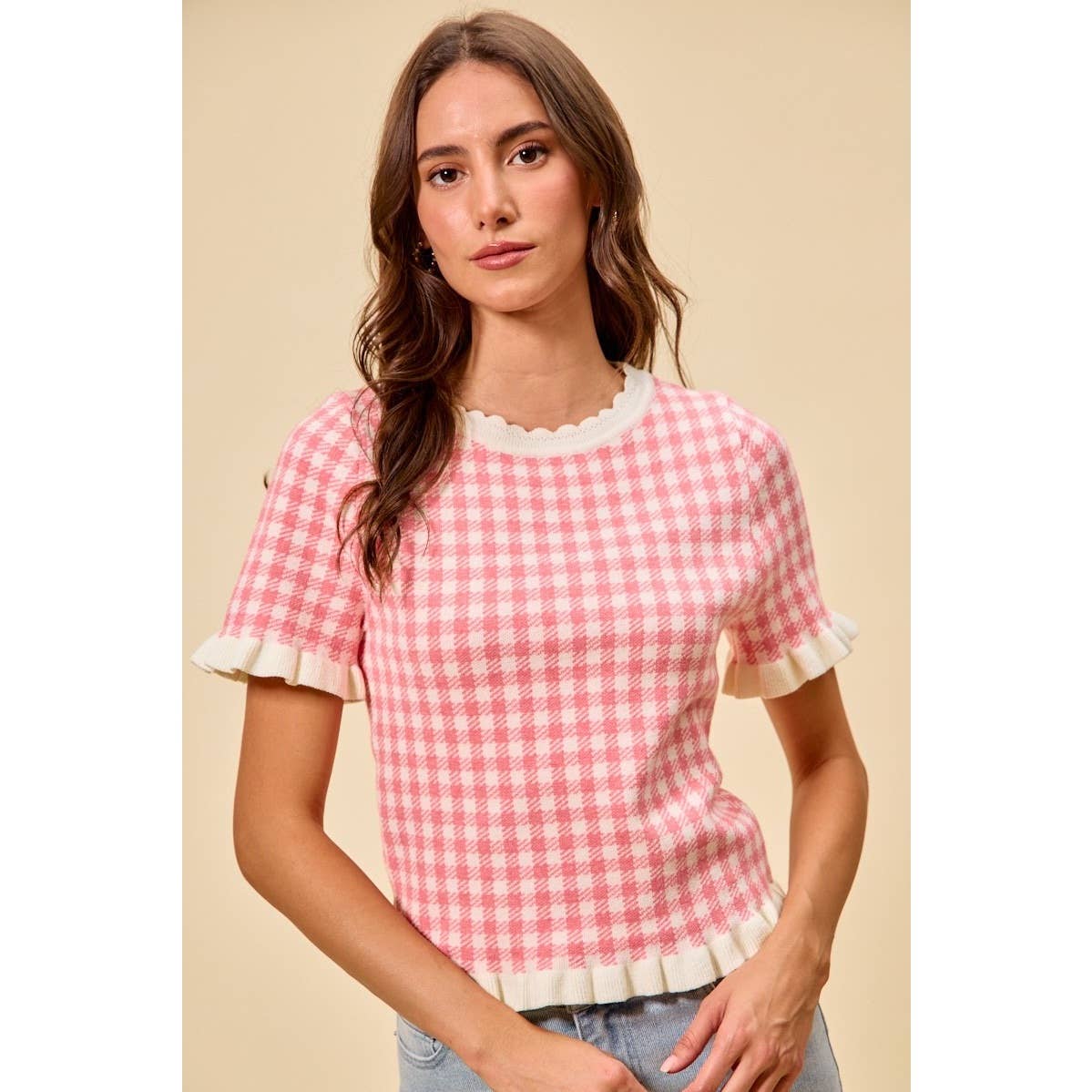 Gingham Knit Ruffled Short Sleeves Sweater Top