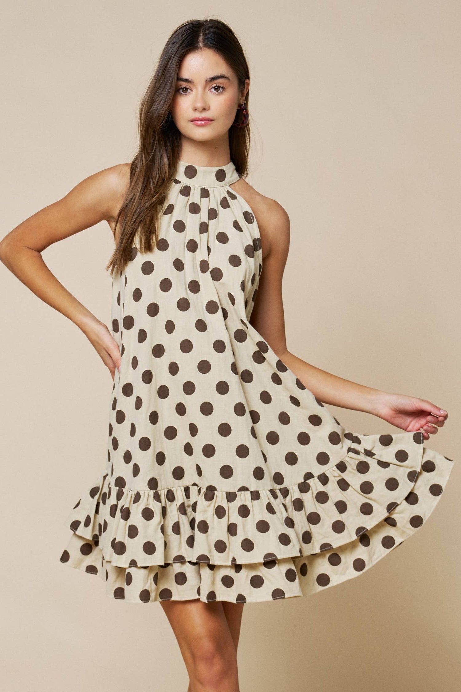 Polka Dot Mock Neck Ruffled Layered Hem Shift Dress