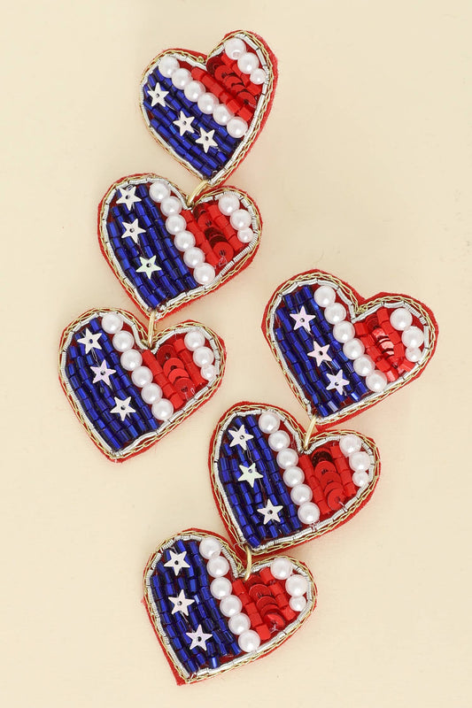 USA Flag Patriotic Heart Shaped Beaded Earrings