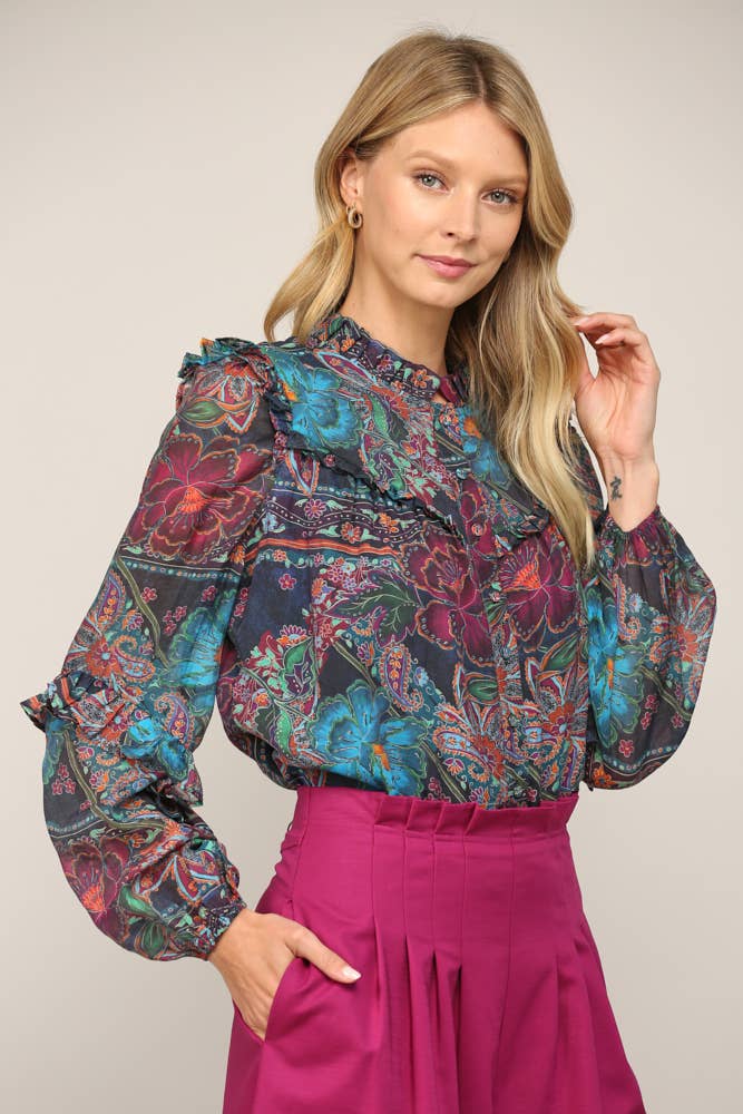 Autumnal Garden Ruffle Blouse