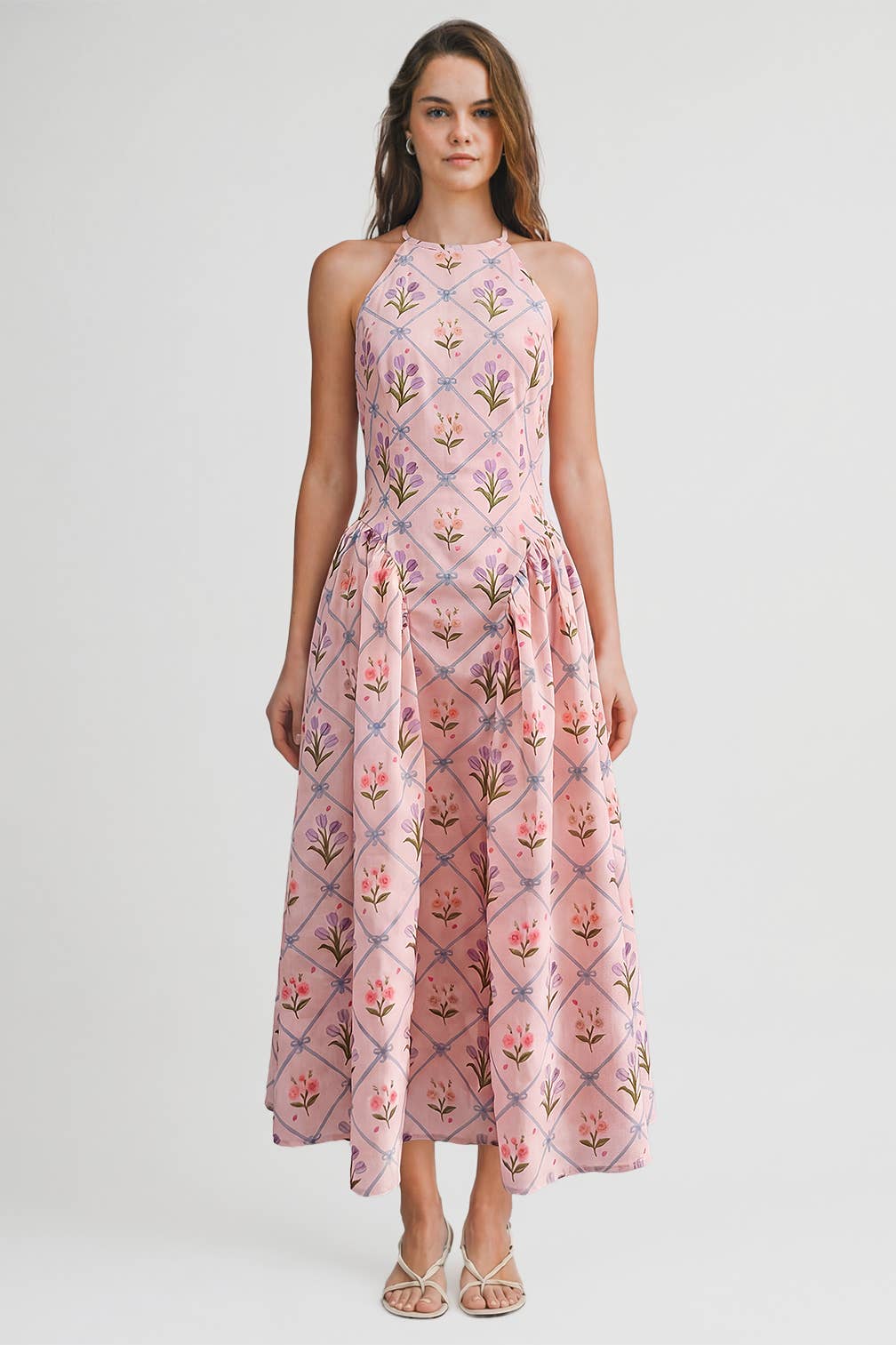 Floral Jacquard Halter Midi Dress