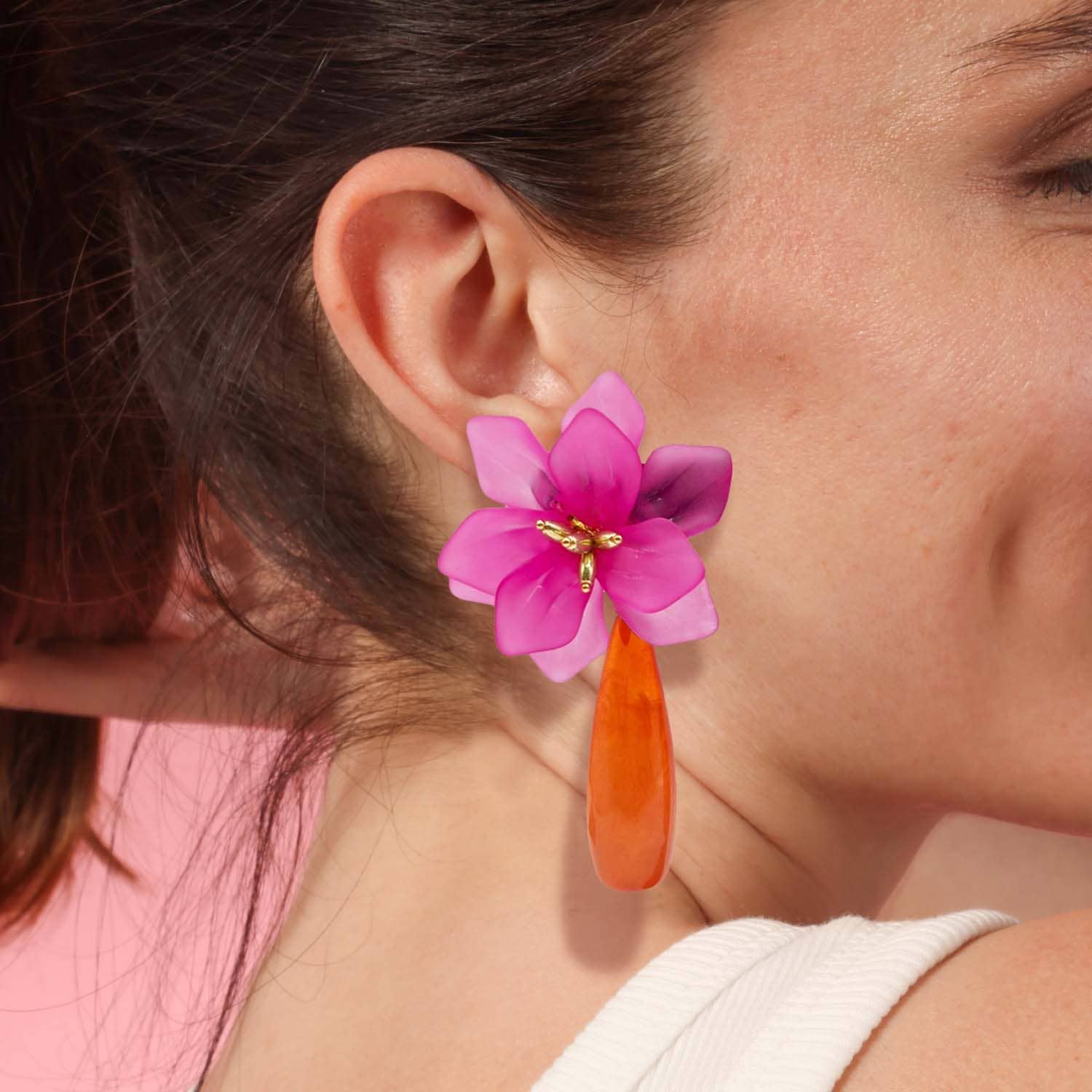 Flora Fuchsia Resin Floral Clip On Earring With Orange Drop