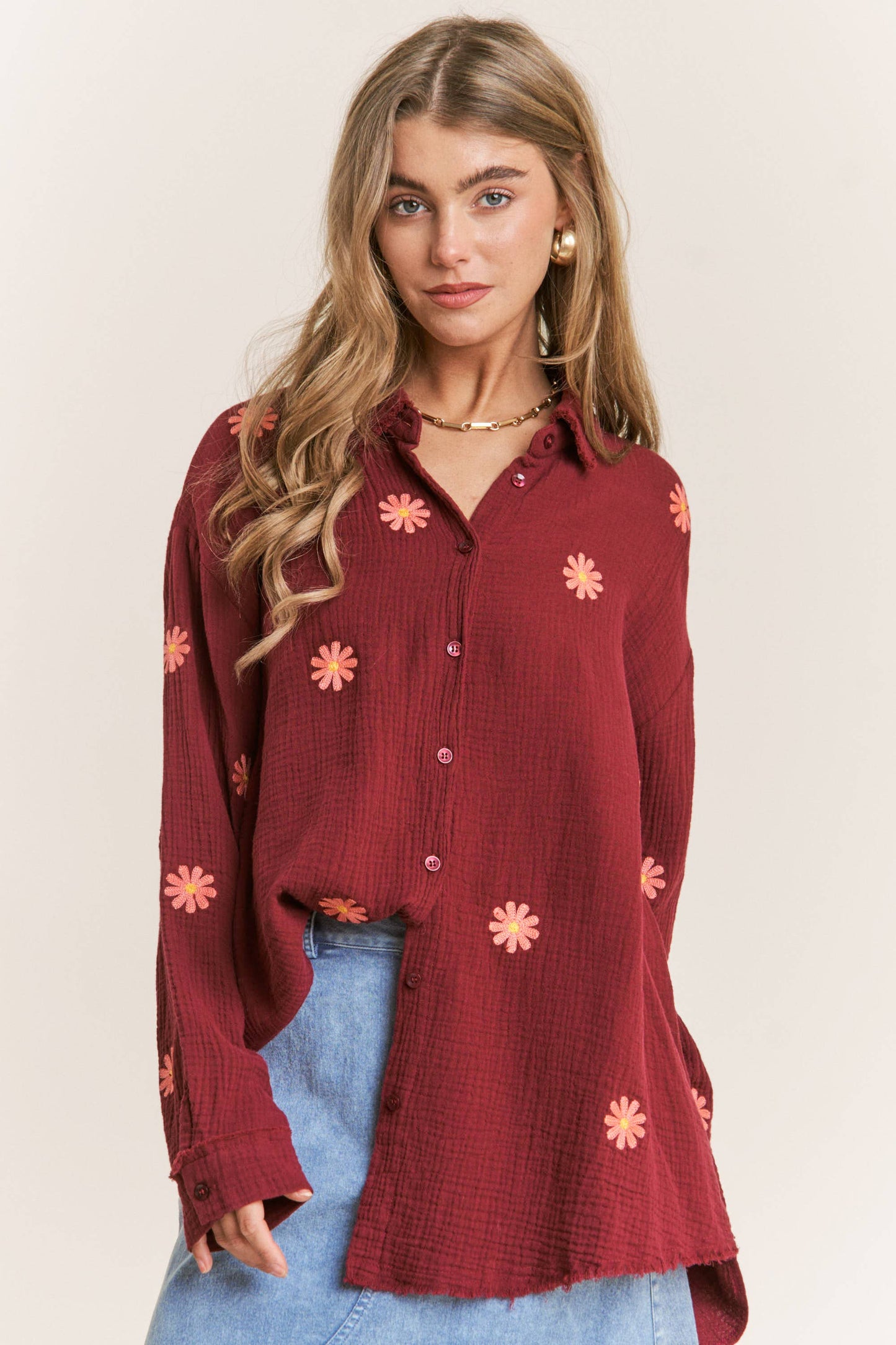 Autumn Daisy Gauze Embroidered Top