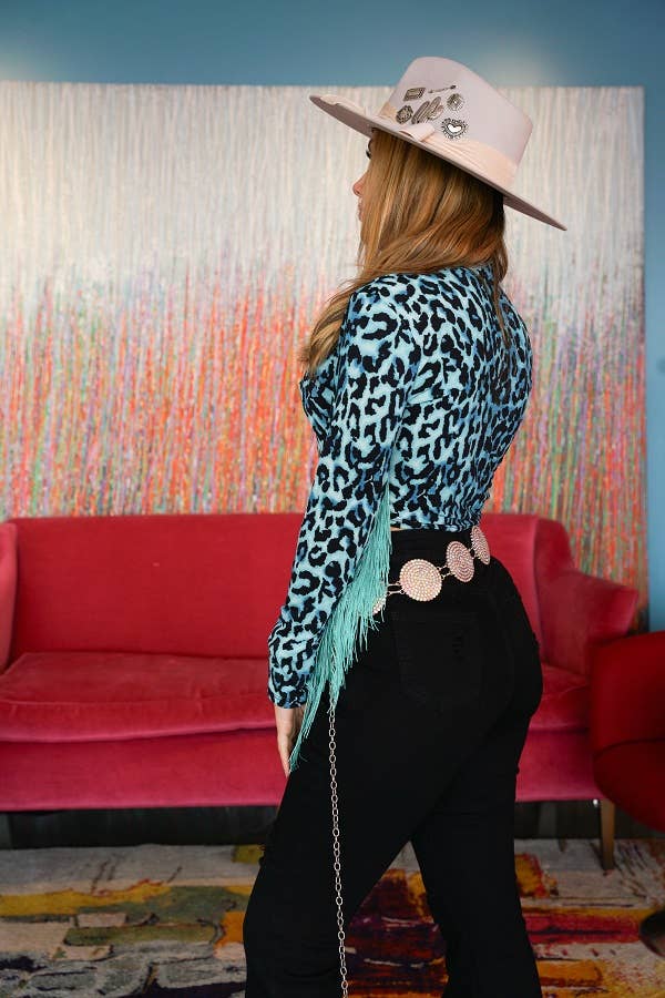 Turquoise Leopard Long Sleeve Fringe Crop Top