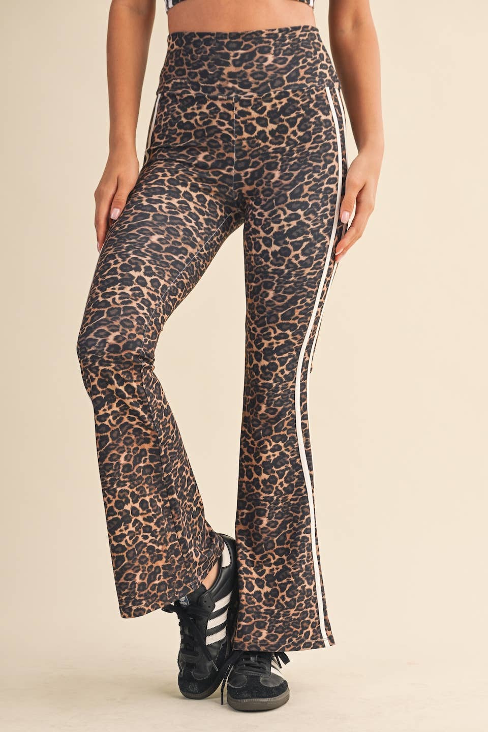 Leopard Print High Waist Flare Pants with Side Stripe