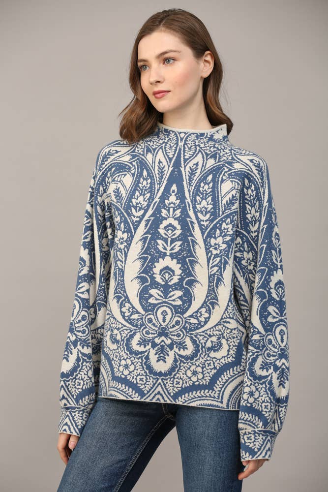 Eliza Jacquard Knit Mock Neck Sweater