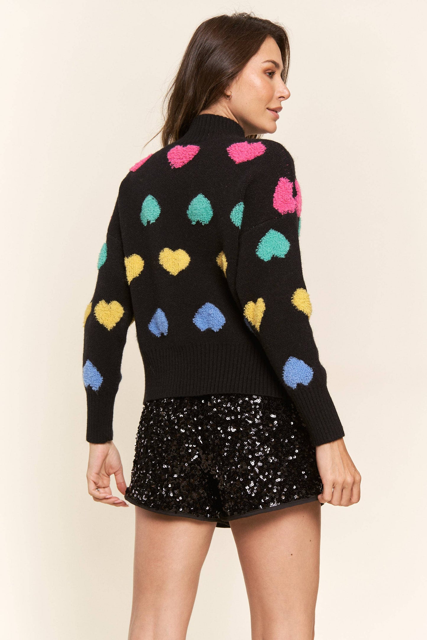 Multi Color Heart Mock Neck Sweater