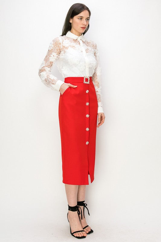 Rhinestone Button Down Midi Skirt