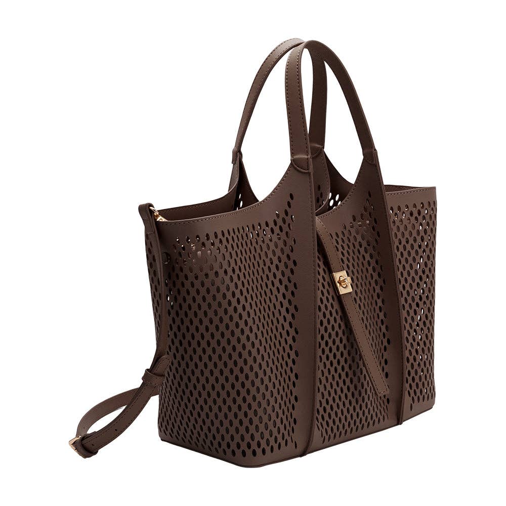 Malia Chocolate Laser Cut Vegan Leather Tote Bag