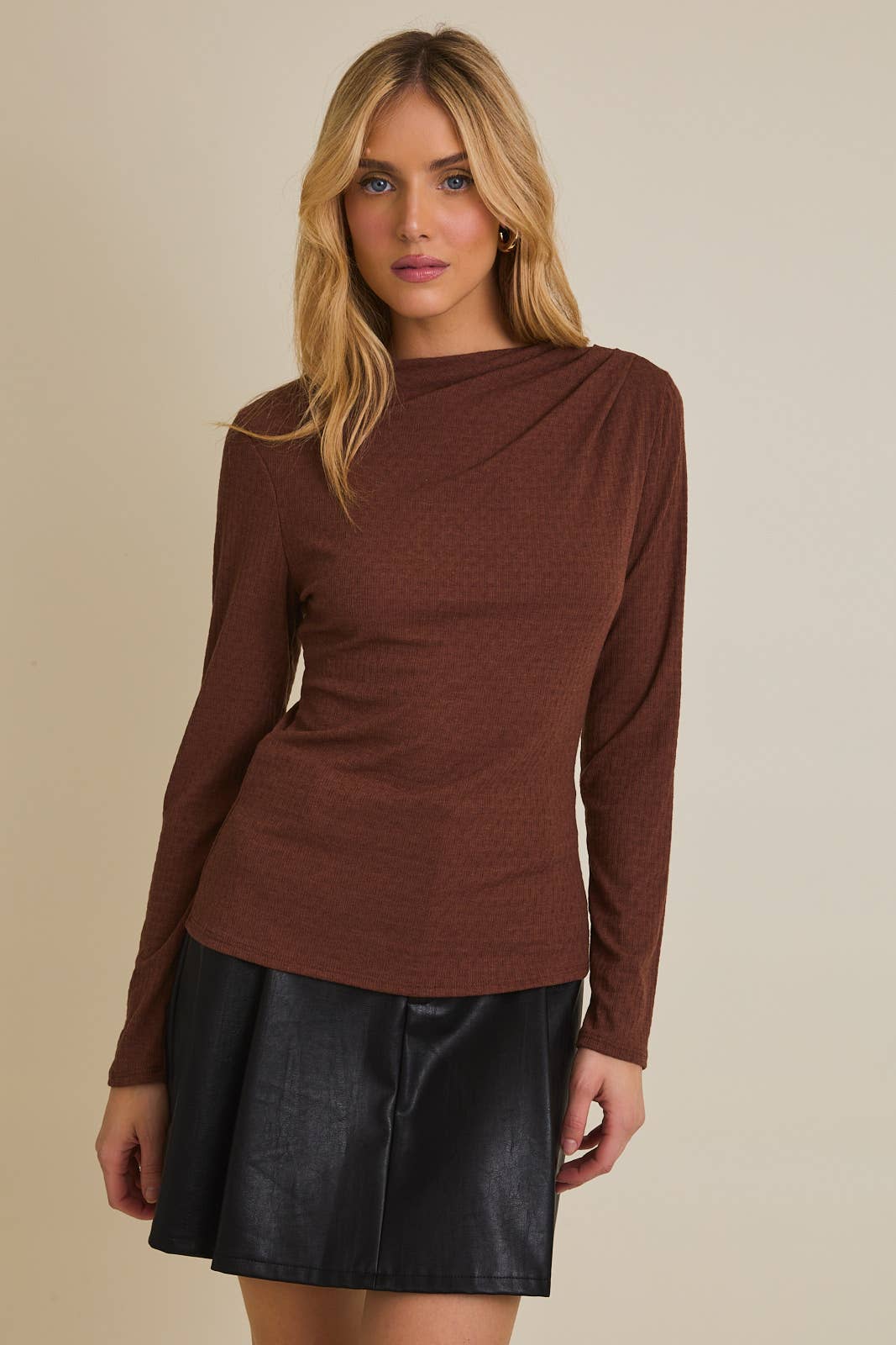 Cocoa Shirred Long Sleeve Top