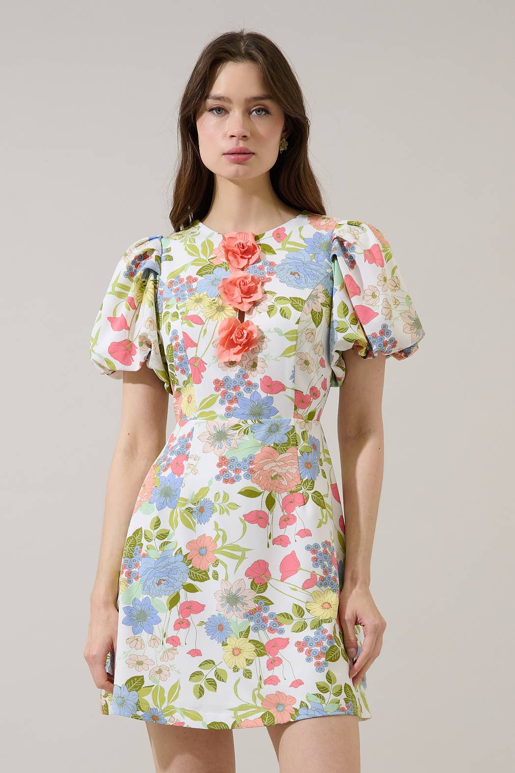 Esther Floral Rosette Bubble Sleeve Mini Dress