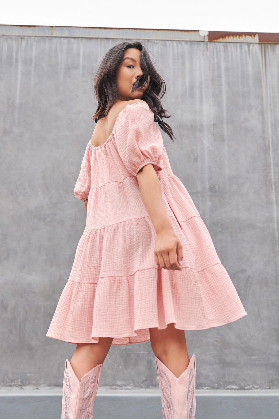 Solid Gauze Balloon Sleeve Tiered Mini Dress