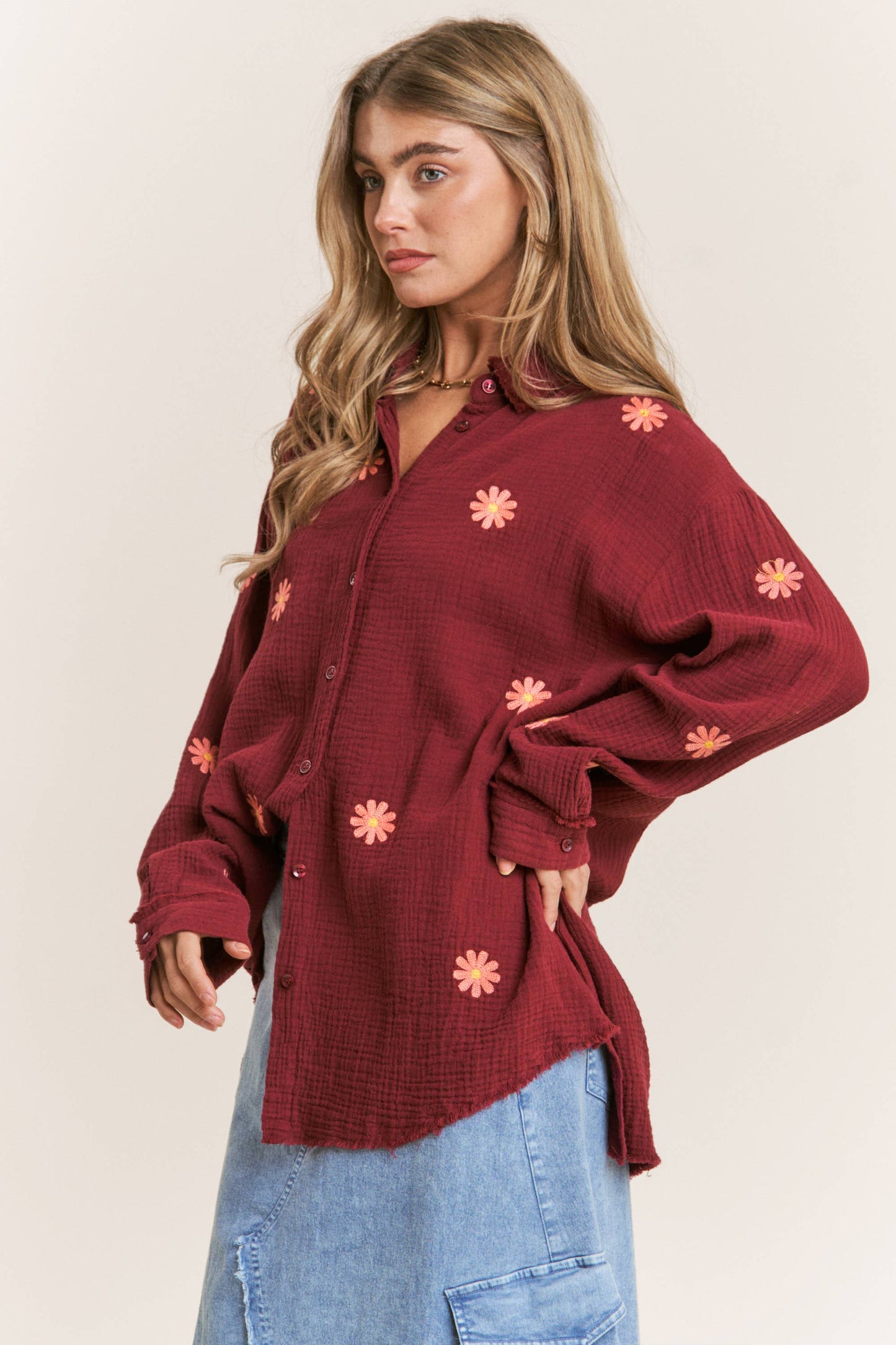 Autumn Daisy Gauze Embroidered Top