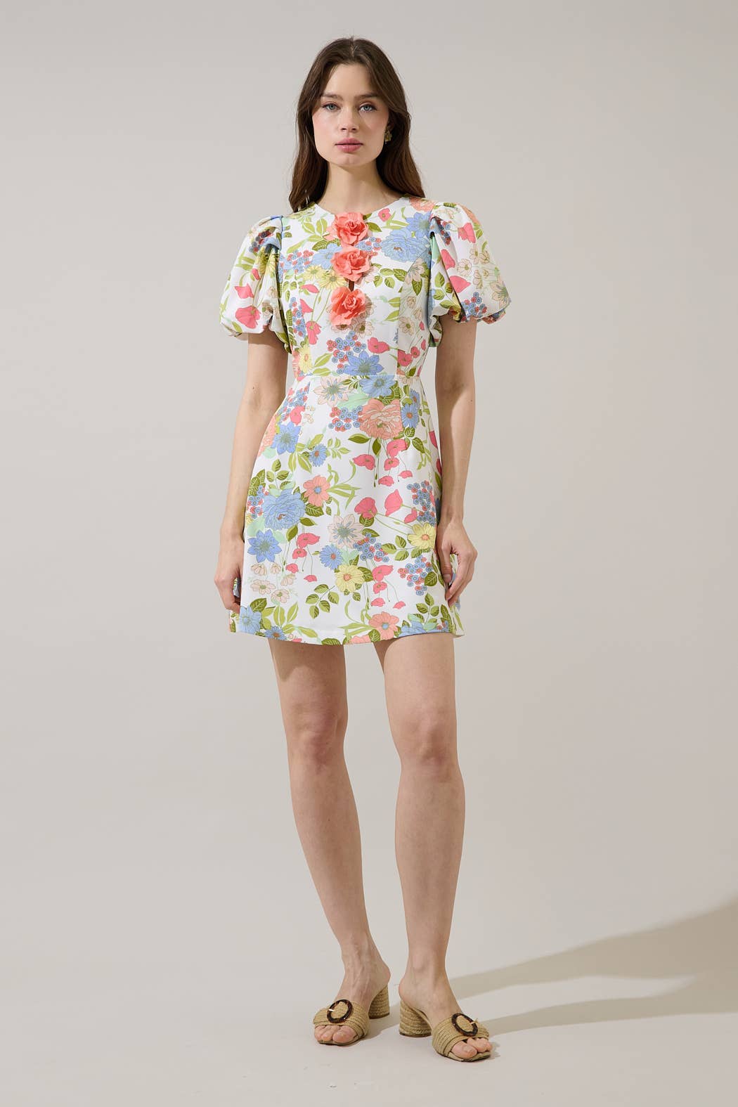 Esther Floral Rosette Bubble Sleeve Mini Dress