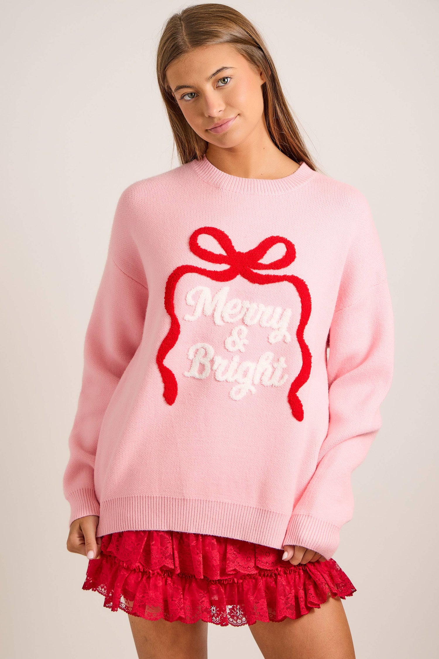 Merry & Bright Embroidered Christmas Knit Sweater – Holiday