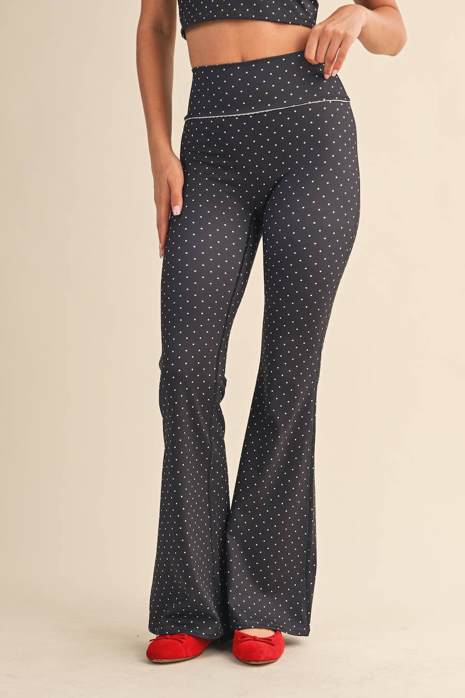 Polka Dot Flare Pants with Lace Trim